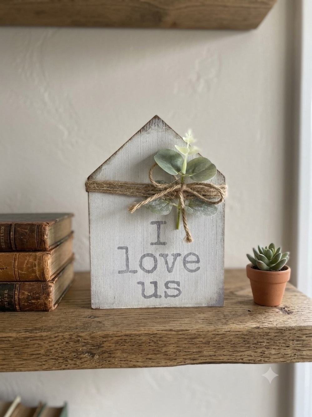 Rustic White Wash "I Love Us" Block House with Twine Bow & Greenery